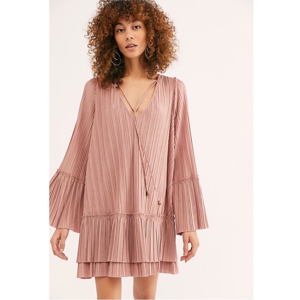 Revolve Free People Can’t Help It Pleated Ruffle Mini Dress in Dusty Rose